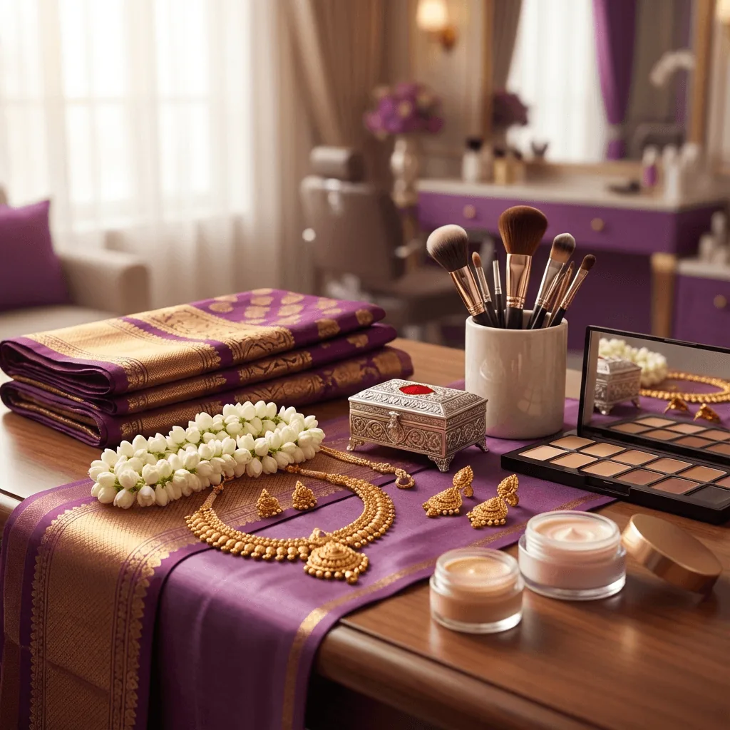 Traditional South Indian bridal makeup with temple jewellery