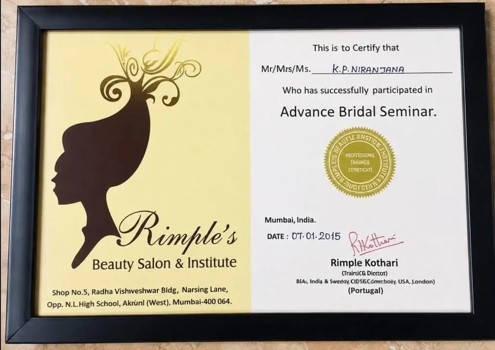 Advance Bridal Seminar certificate from Rimple's Beauty Salon & Institute Mumbai awarded to K. P. Niranjana