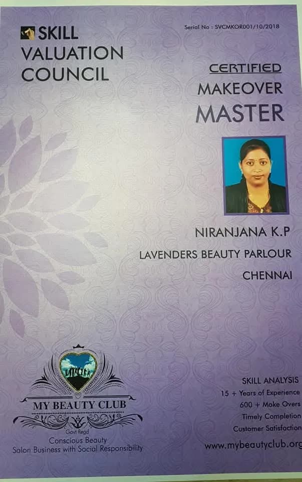 Certified Makeover Master certificate from the Skill Valuation Council awarded to Niranjana K. P., Chennai