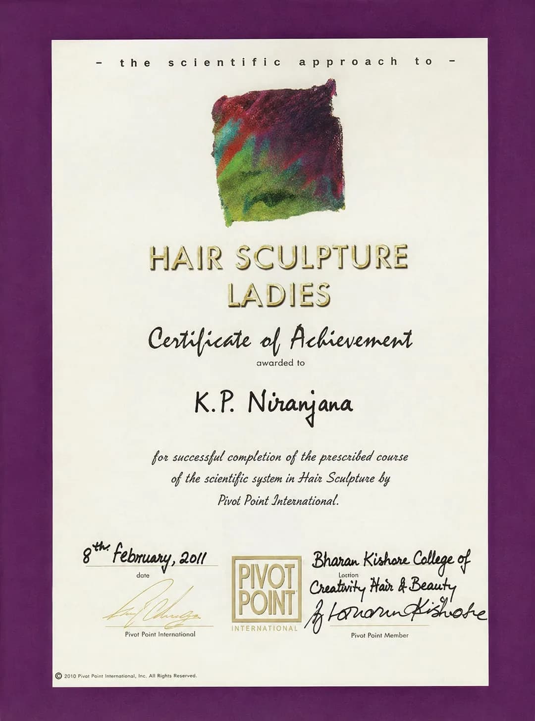 Pivot Point International Hair Sculpture Ladies certificate of achievement awarded to K. P. Niranjana, 2011
