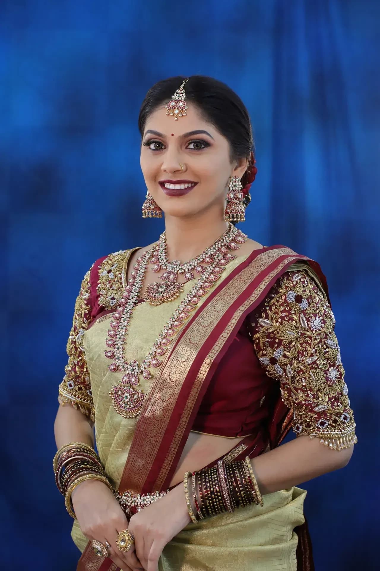 South Indian bridal portrait by Makeup Niranjana, Chennai