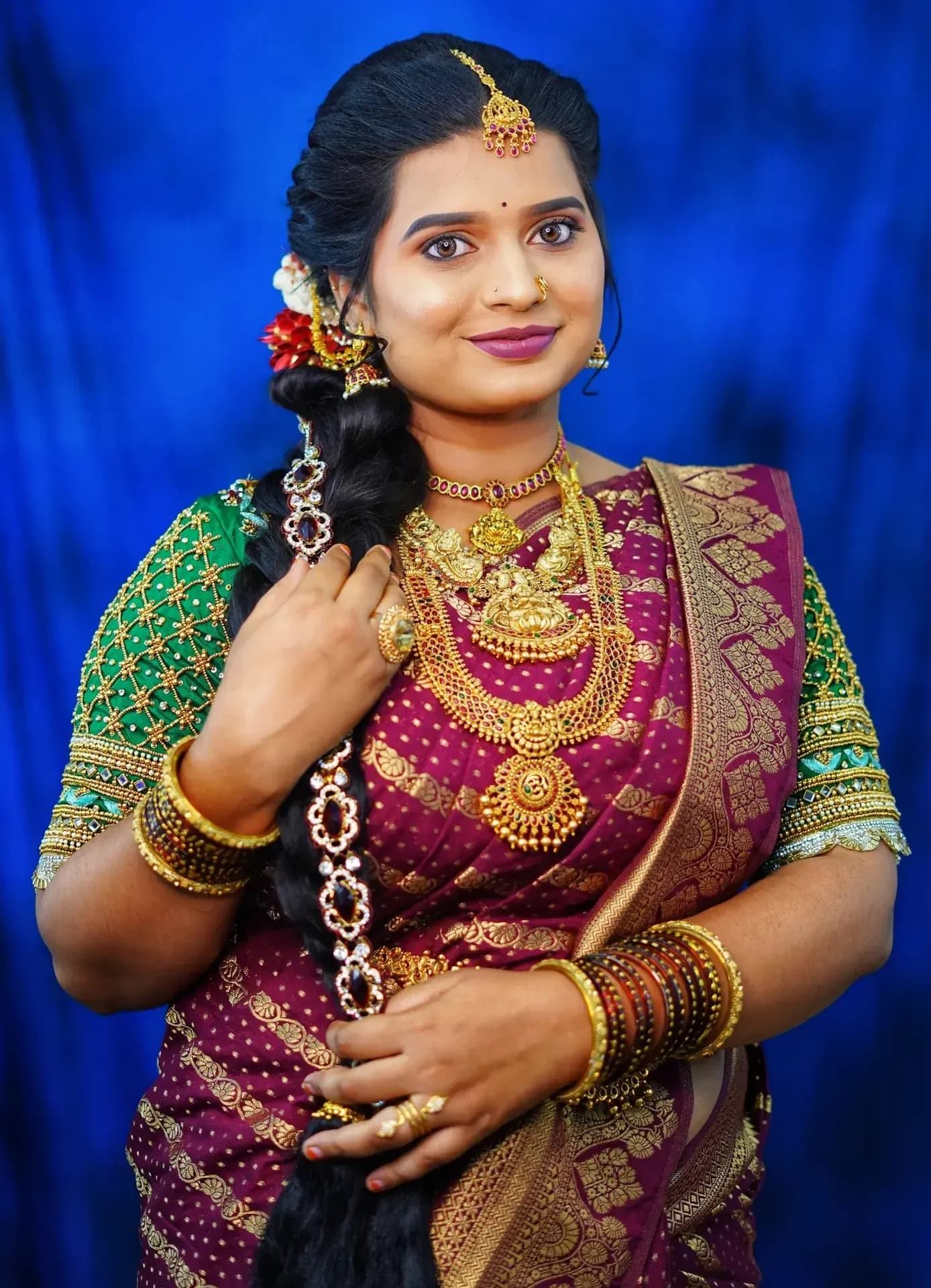 South Indian bridal portrait by Makeup Niranjana, Chennai