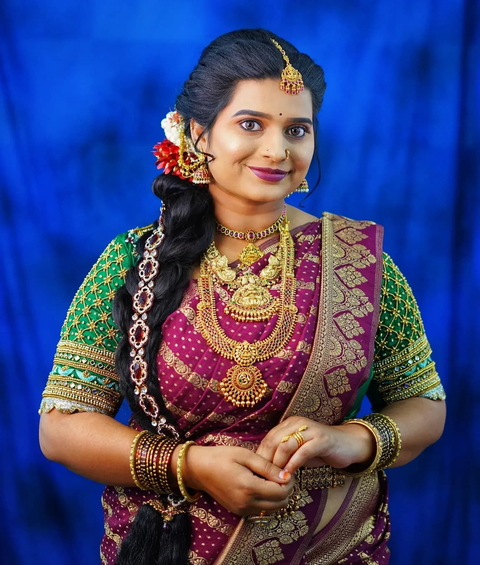South Indian bridal portrait by Makeup Niranjana, Chennai