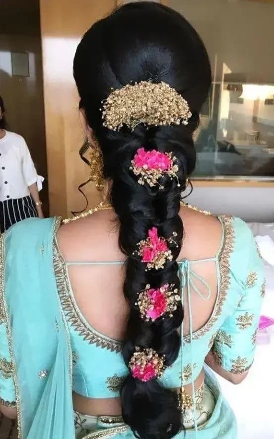 Bridal hairstyle by Makeup Niranjana — jadai-billai and traditional Chennai hair styling