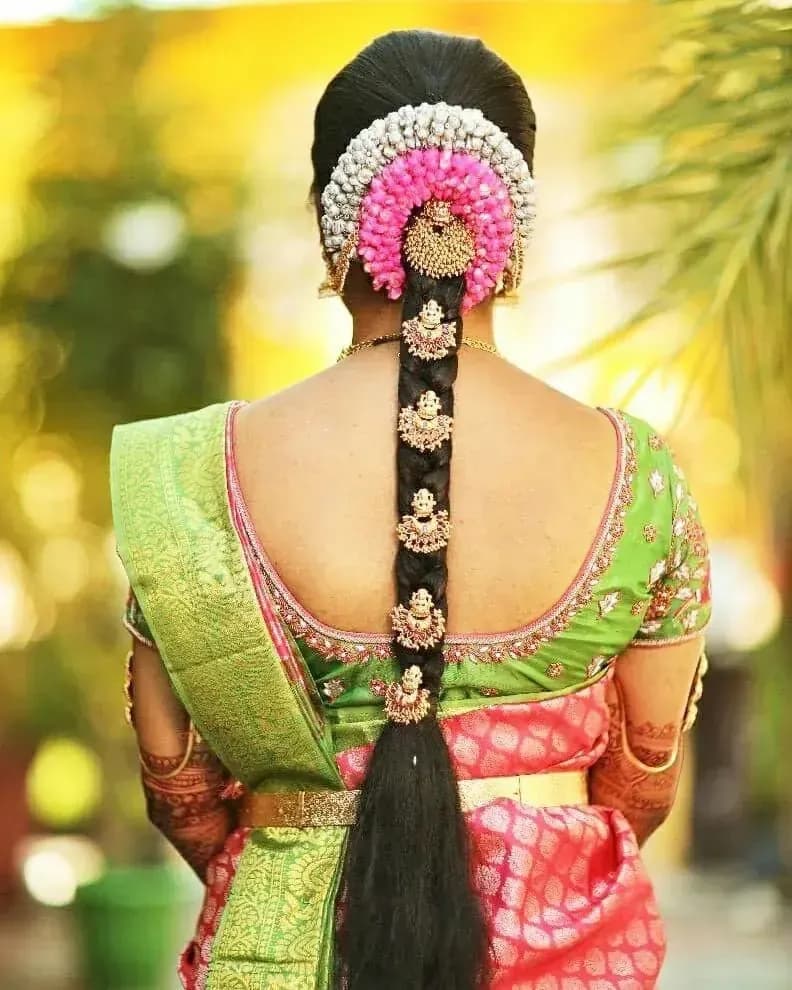Bridal hairstyle by Makeup Niranjana — jadai-billai and traditional Chennai hair styling