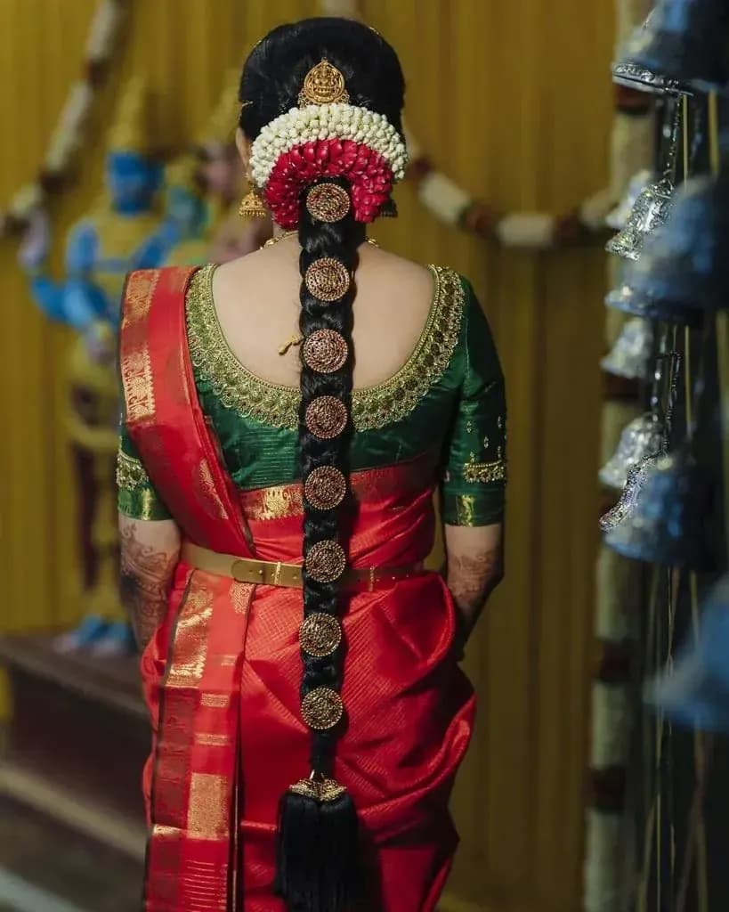 Bridal hairstyle by Makeup Niranjana — jadai-billai and traditional Chennai hair styling